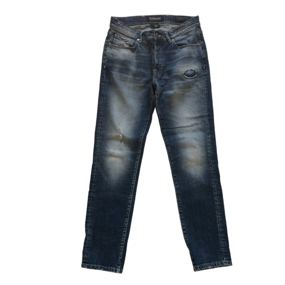 Barmas Denver Jeans Mens 32 Blue Button Fly Slim Fit Distressed Denim Cotton